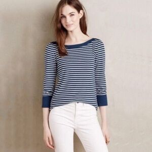 Akemi & Kin Anthropologie Tee Navy Blue White Breton Stripe Medium Boat Neck